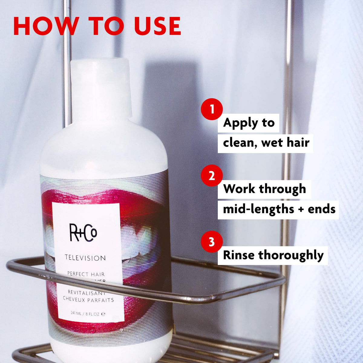 R+Co Television conditioner before and after shine comparison showing visible gloss