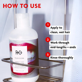 R+Co Television conditioner before and after shine comparison showing visible gloss