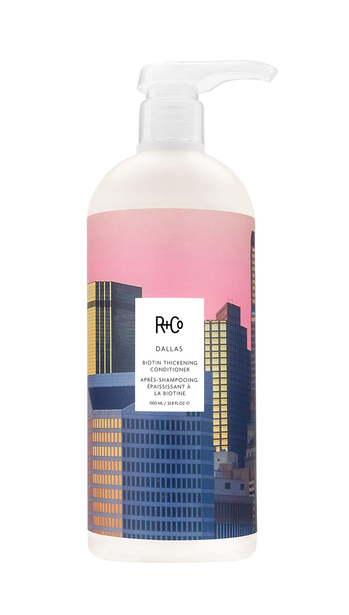 R+Co Dallas front packaging showing 1000 ml pump and clear labeling for salon supply