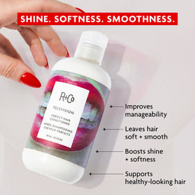 R+Co Television conditioner back label showing ingredients and usage info
