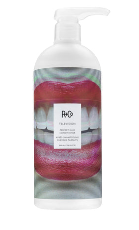 R+Co Television conditioner front bottle showing size and professional label benefit: easy recognition