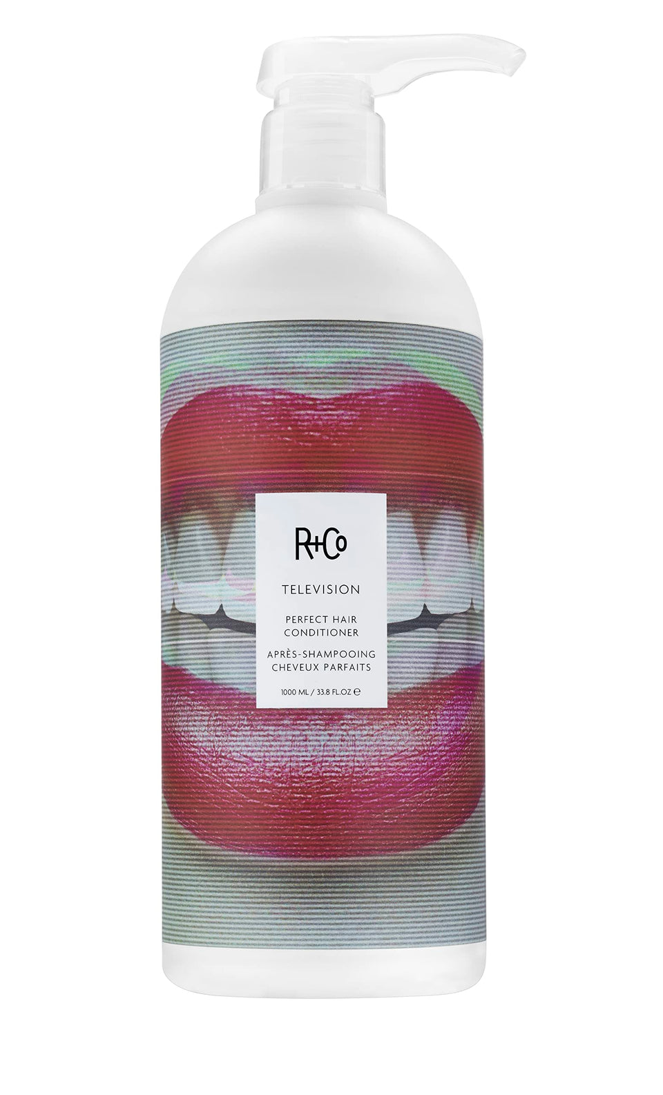 R+Co Television conditioner front bottle showing size and professional label benefit: easy recognition