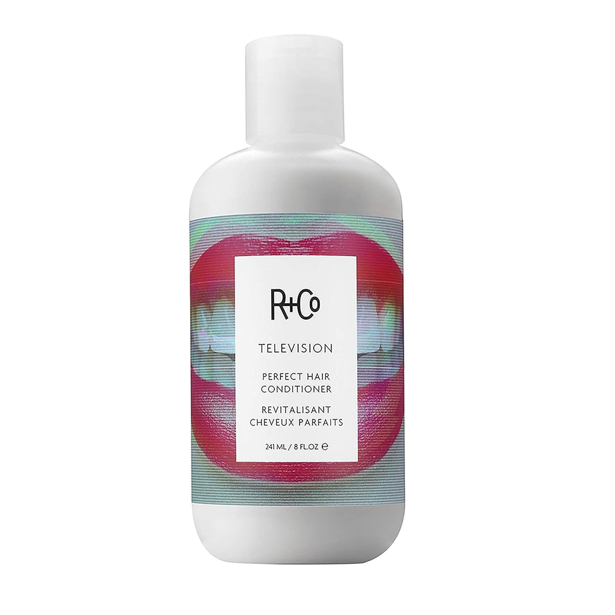 R+Co Television conditioner front bottle with clear product identity and shine