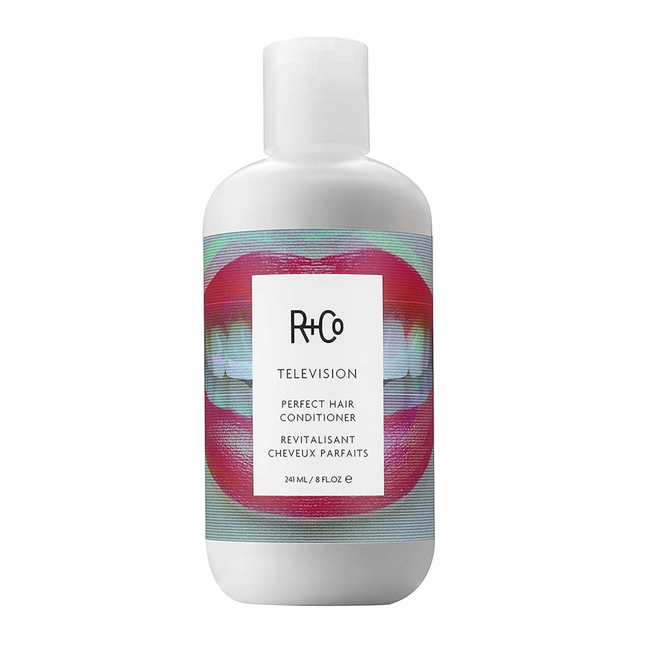 R+Co Television conditioner front bottle with clear product identity and shine