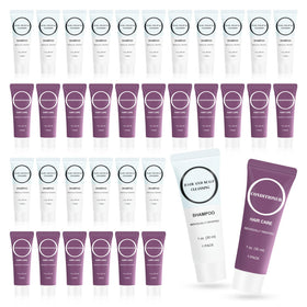 RSQAZQ front packaging showing the 60-piece travel shampoo and conditioner set for easy stocking
