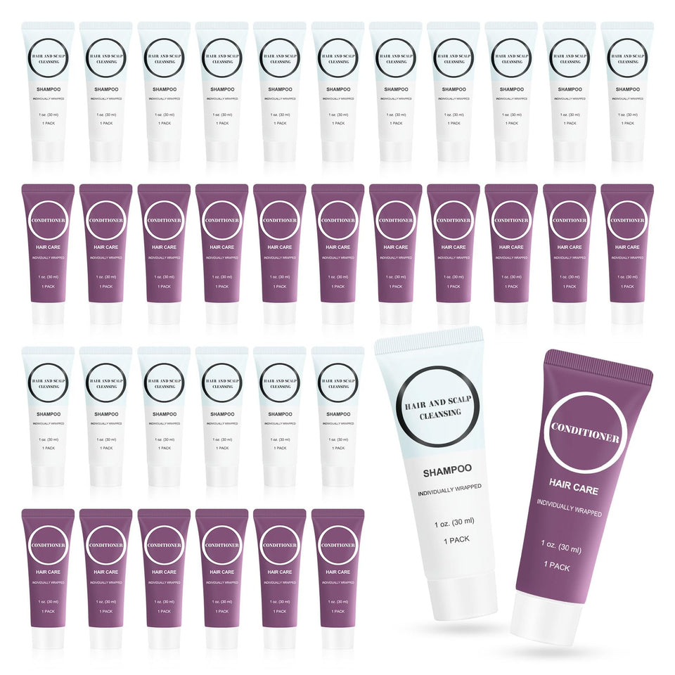RSQAZQ front packaging showing the 60-piece travel shampoo and conditioner set for easy stocking