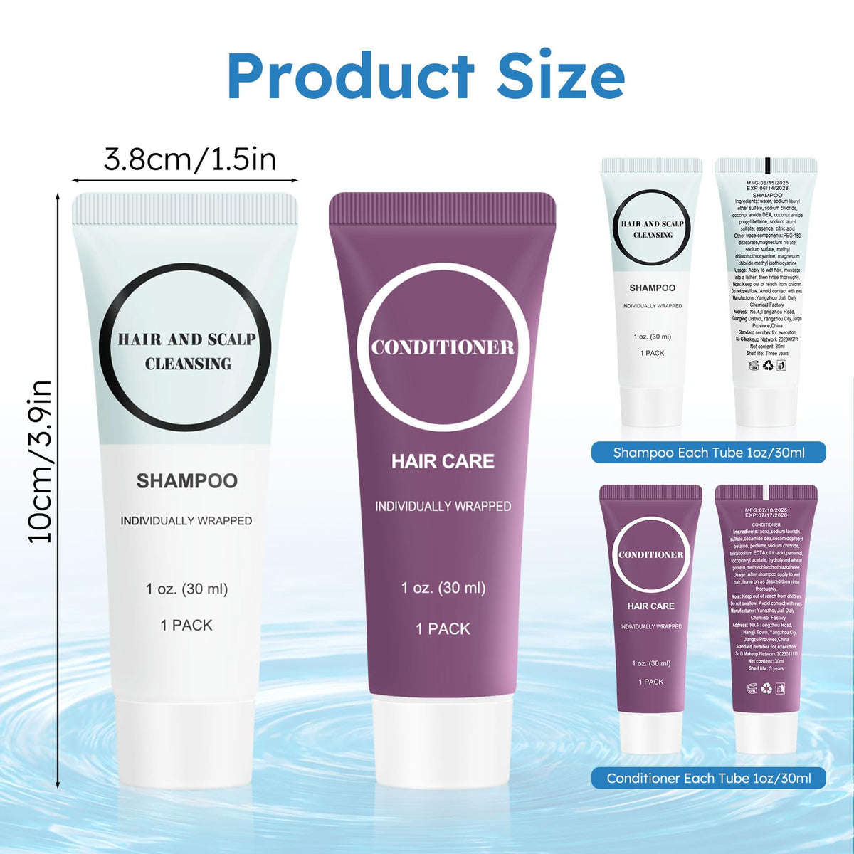 RSQAZQ shampoo tube close-up showing label and cap for leak-resistant travel convenience