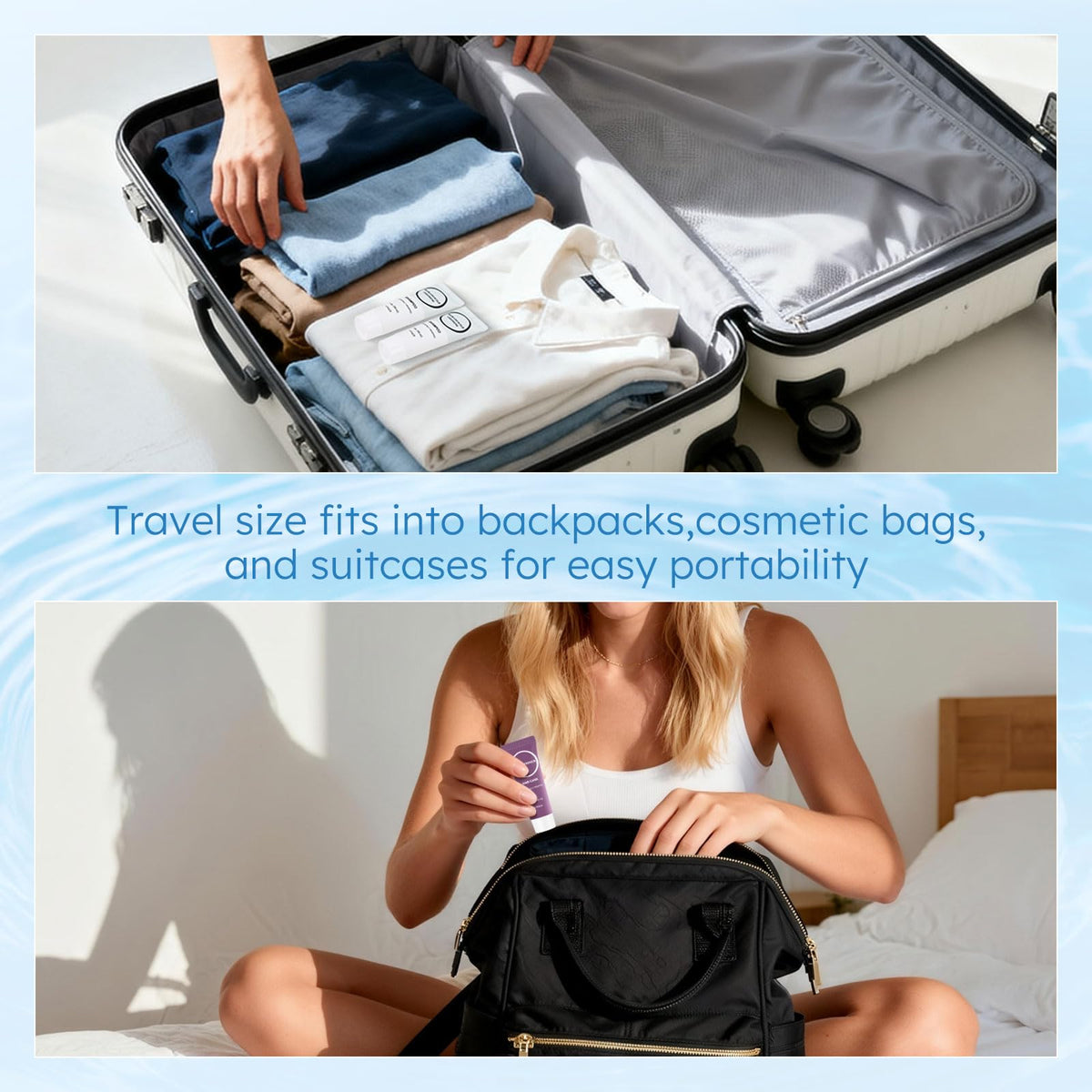 RSQAZQ tubes inside a toiletry bag to show portability and packing convenience on trips
