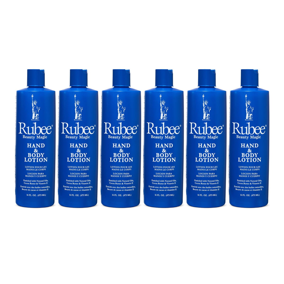 RUBEE front packaging showing six 16 oz bottles and product labeling benefits