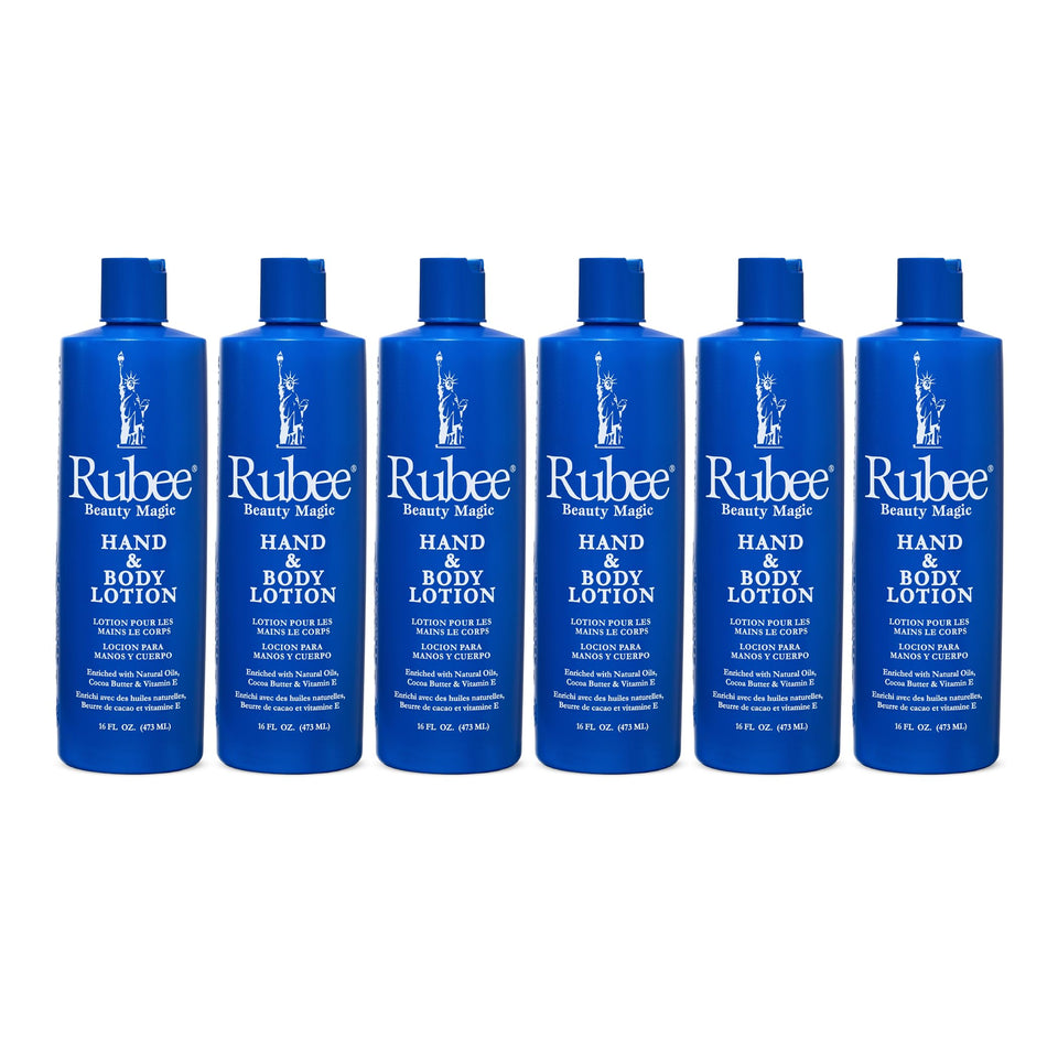 RUBEE front packaging showing six 16 oz bottles and product labeling benefits