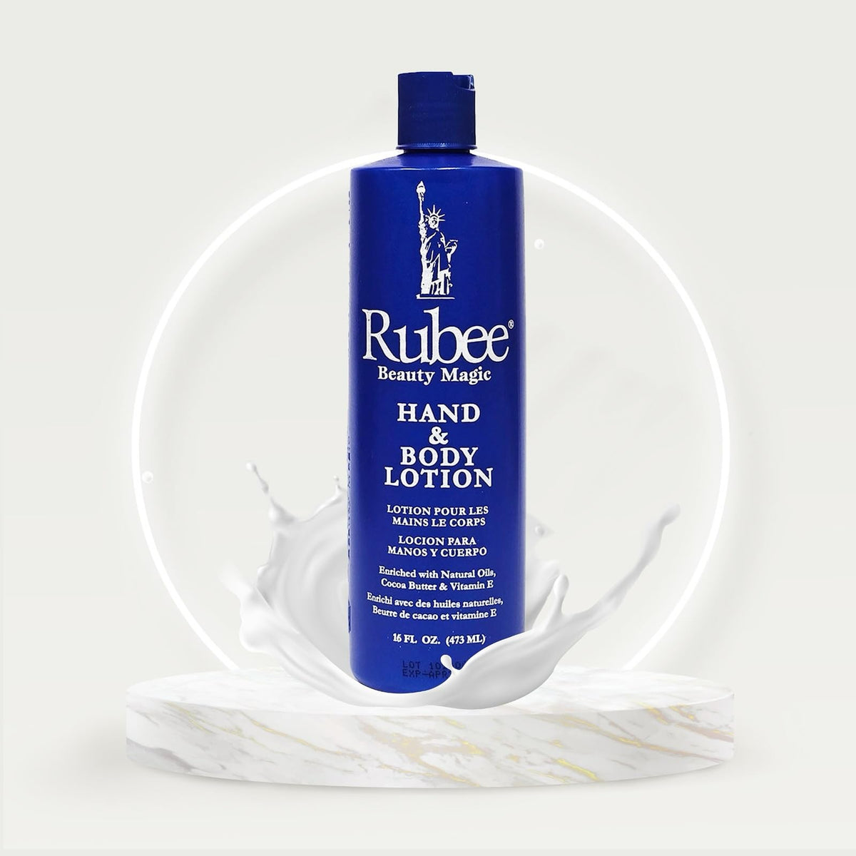 RUBEE pump top and label close-up highlighting easy dispensing and ingredients