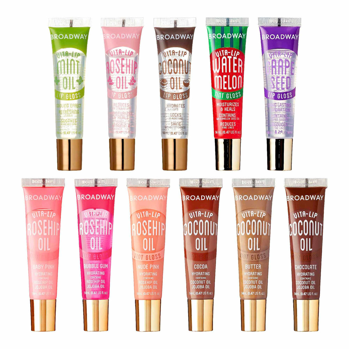 Ruby Kisses front packaging showing 11 glosses and variety benefit: convenient set