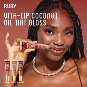 Ruby Kisses label closeup highlighting rosehip and coconut oil benefit: nourishing