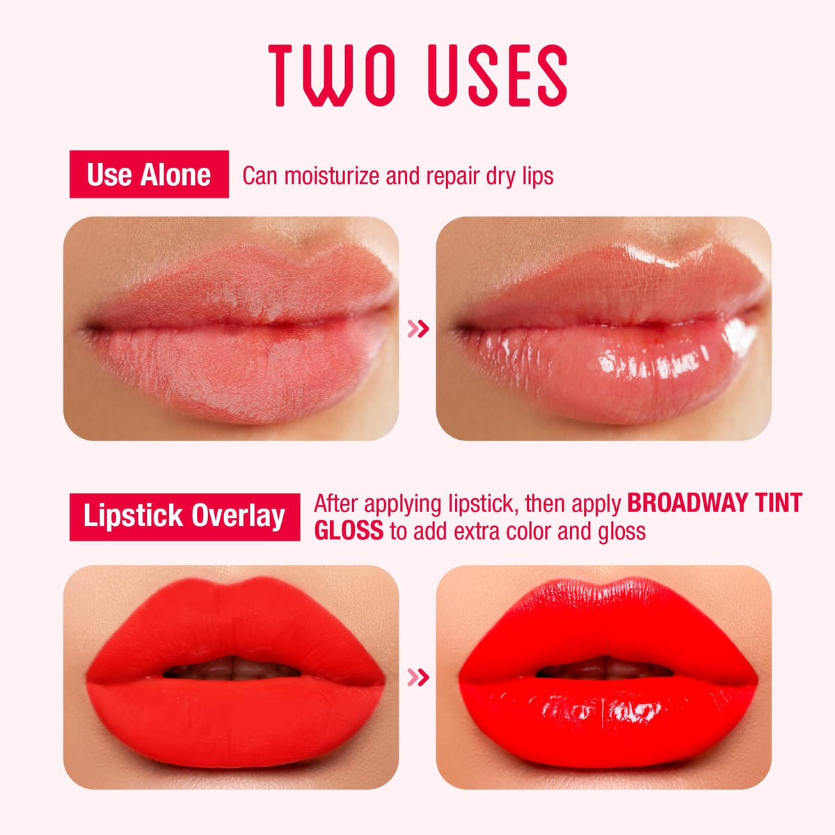 Ruby Kisses texture closeup showing glossy gel finish benefit: smooth hydration