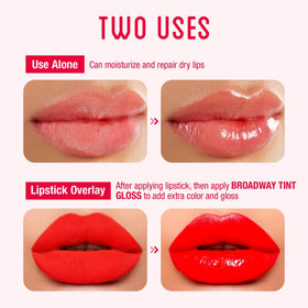 Ruby Kisses texture closeup showing glossy gel finish benefit: smooth hydration