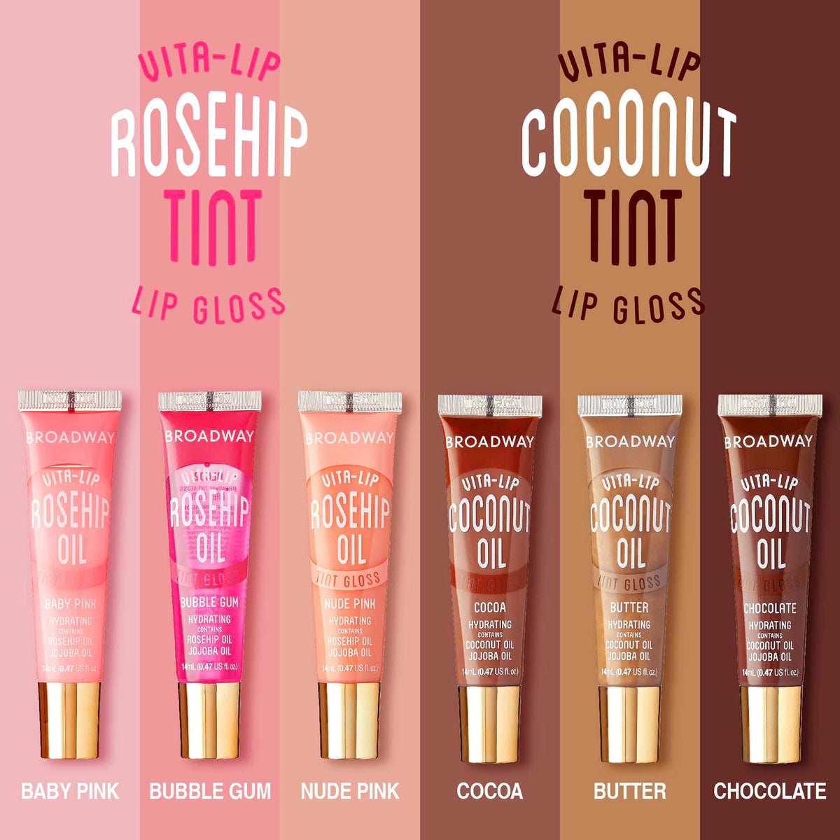 Ruby Kisses tinted and clear glosses arranged to show mix-and-match benefit