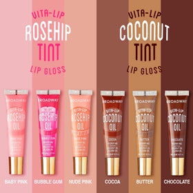 Ruby Kisses tinted and clear glosses arranged to show mix-and-match benefit