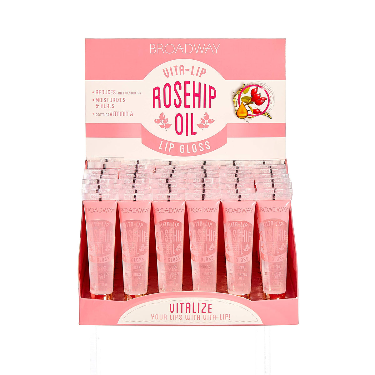 Ruby Kisses front packaging of Broadway Vita-Lip showing clear gloss and benefits