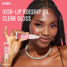Ruby Kisses rosehip oil ingredient bottle highlighting nourishing hydration