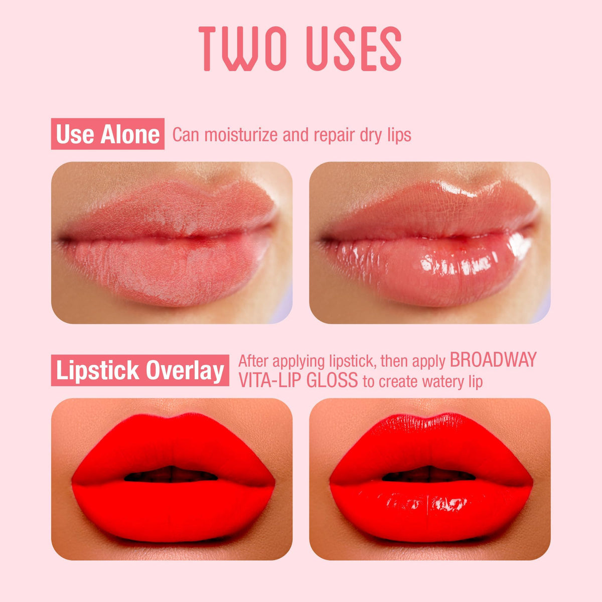 Ruby Kisses gloss on bare lips demonstrating natural moisturized look