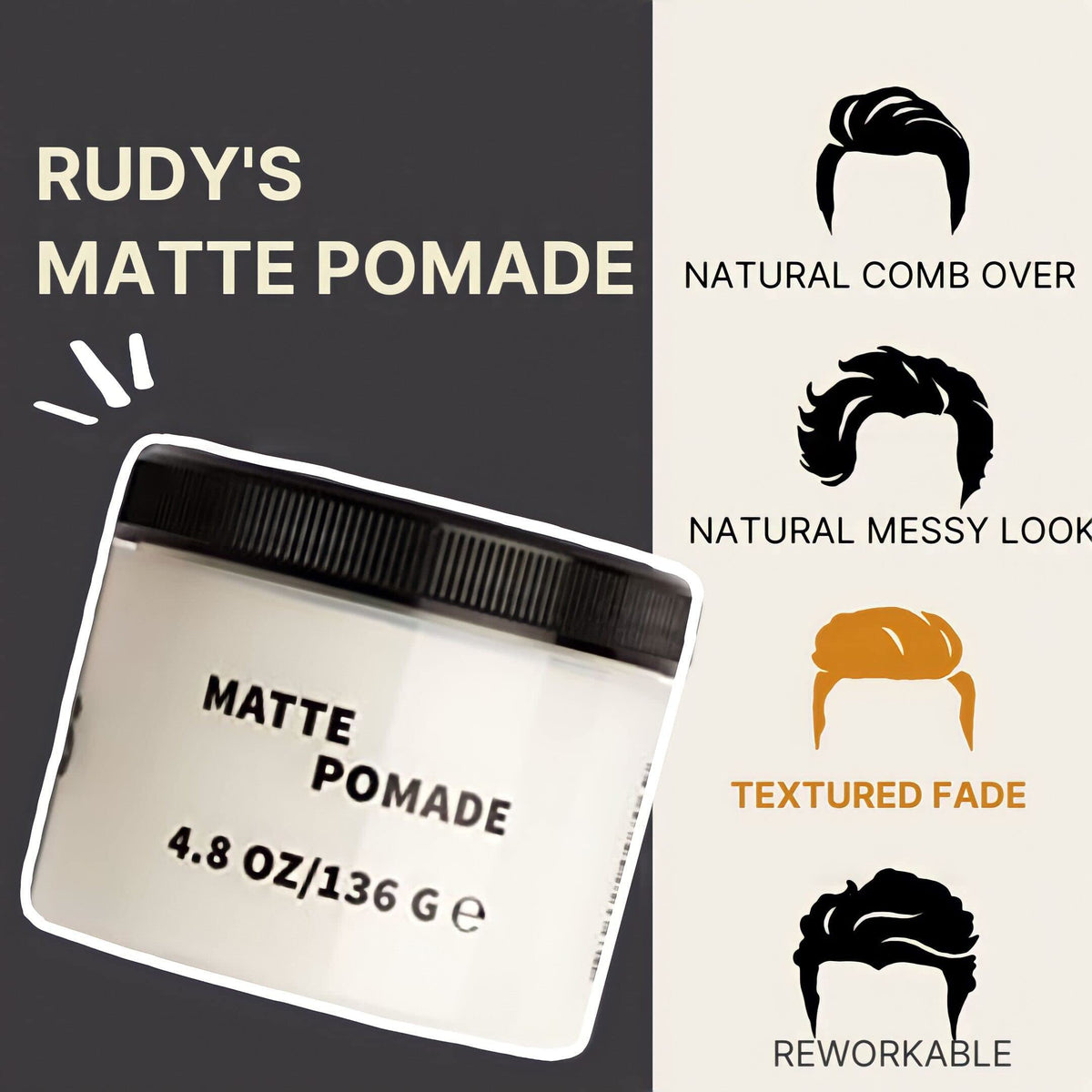 Close-up of Rudy's matte pomade texture highlighting smooth, matte finish