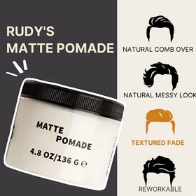 Close-up of Rudy's matte pomade texture highlighting smooth, matte finish