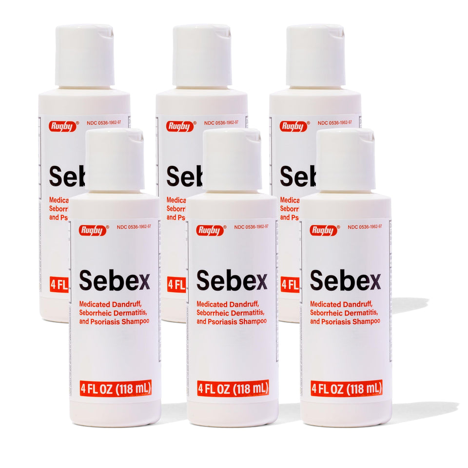 RUGBY LABORATORIES Sebex front packaging showing 4 oz bottle and branding for clear identification
