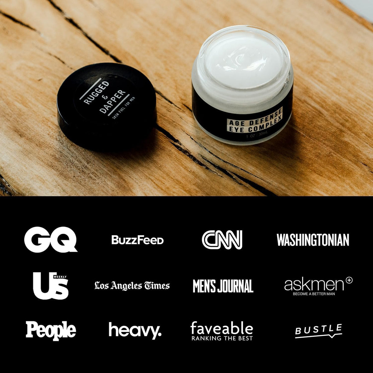 RUGGED & DAPPER applied under a man’s eye, reduces puffiness appearance