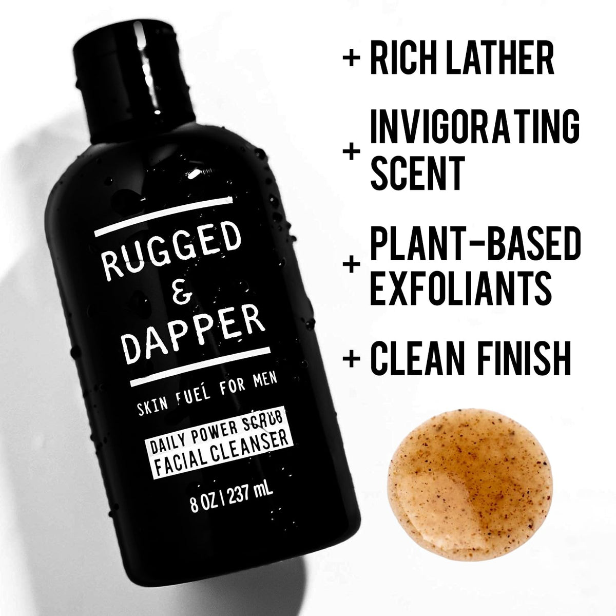 RUGGED & DAPPER ingredients display highlighting botanical and peptide blend benefits