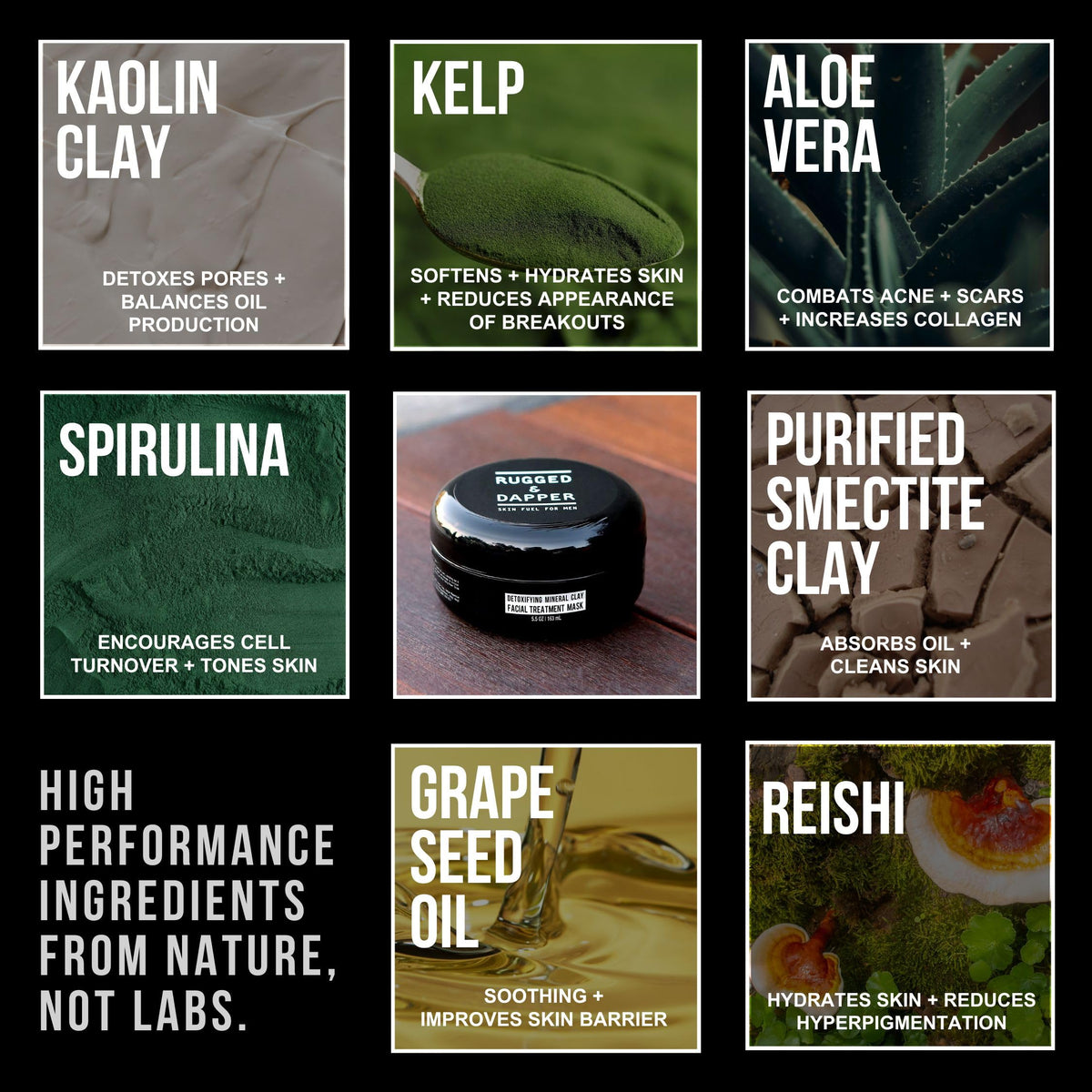 RUGGED & DAPPER label close-up showing ingredient callouts and premium feel