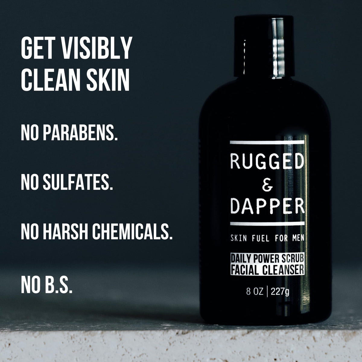 RUGGED & DAPPER on bathroom shelf styled for a clean, organized grooming routine