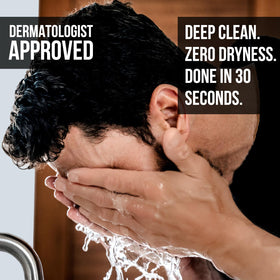 RUGGED & DAPPER in-use with man washing face in shower for deep clean and freshness