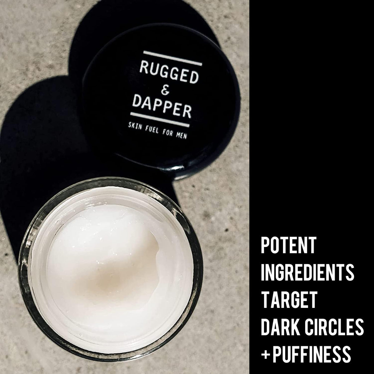 RUGGED & DAPPER tube on bathroom shelf at night, supports evening routine