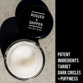 RUGGED & DAPPER tube on bathroom shelf at night, supports evening routine