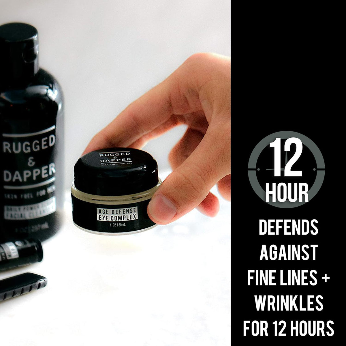 RUGGED & DAPPER tube close-up label highlighting age defense formula benefits