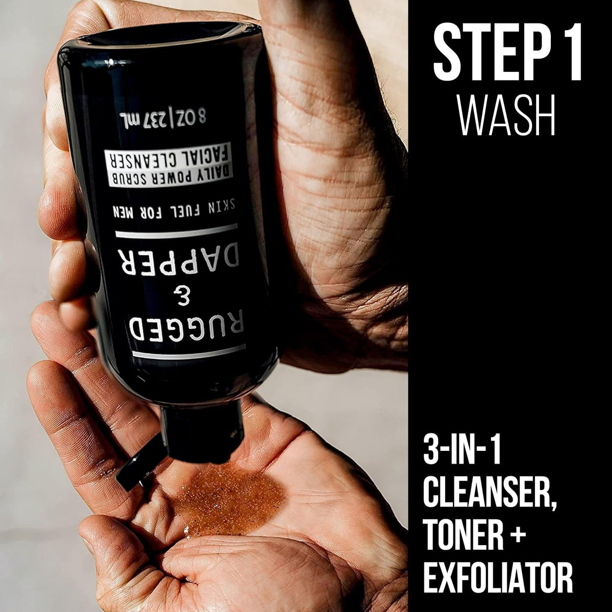 RUGGED & DAPPER Power Scrub pump close-up showing easy dispensing benefit
