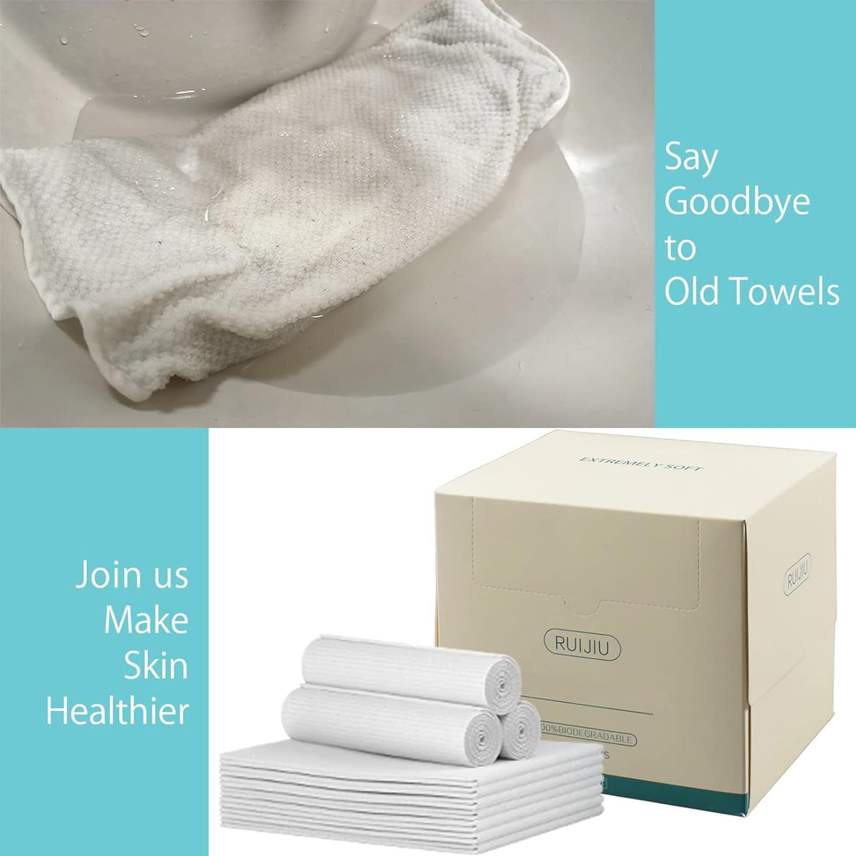 RUIJIU towel next to hand illustrating size and tear-resistant strength