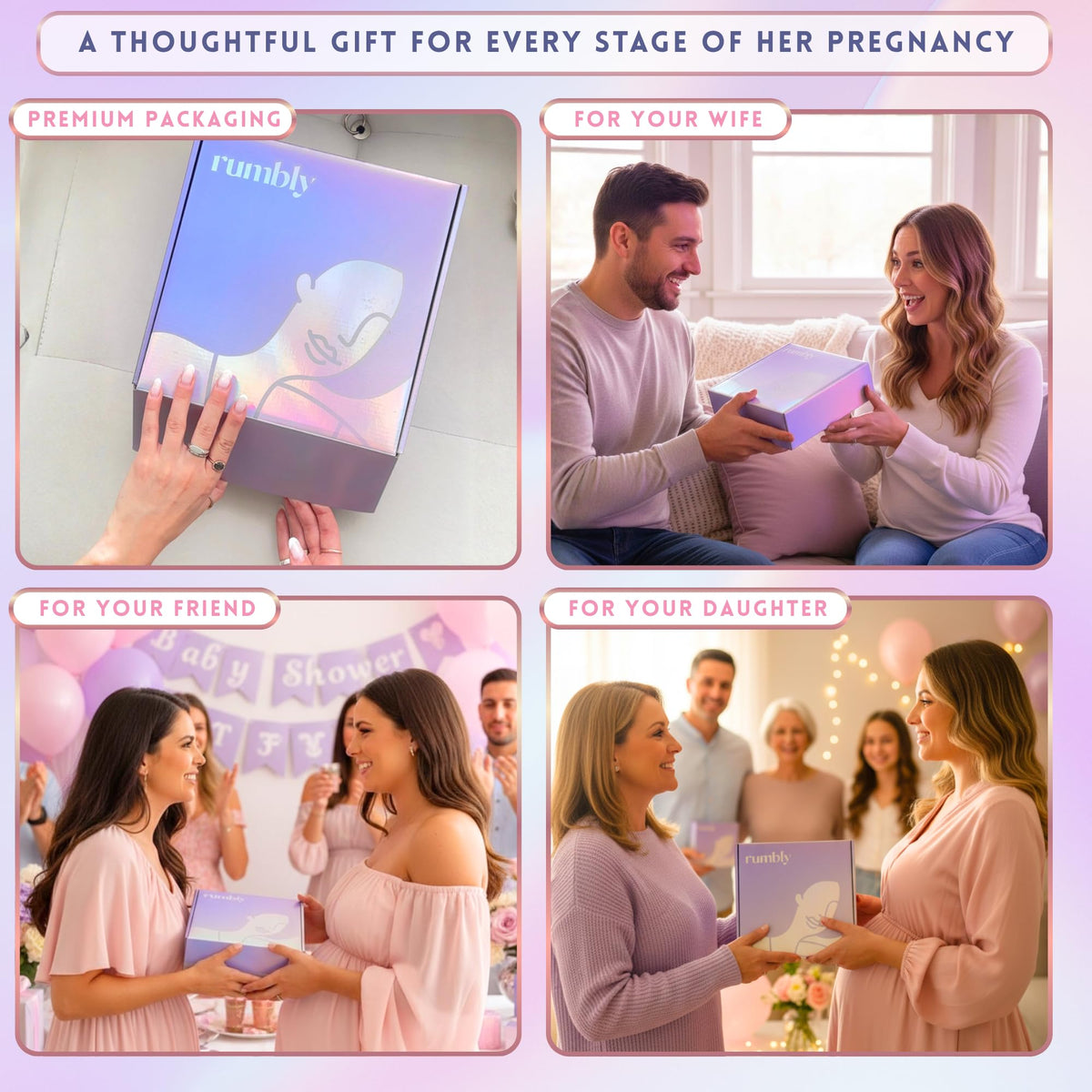 Rumbly essentials lifestyle staging with all six items to simplify late-pregnancy routines