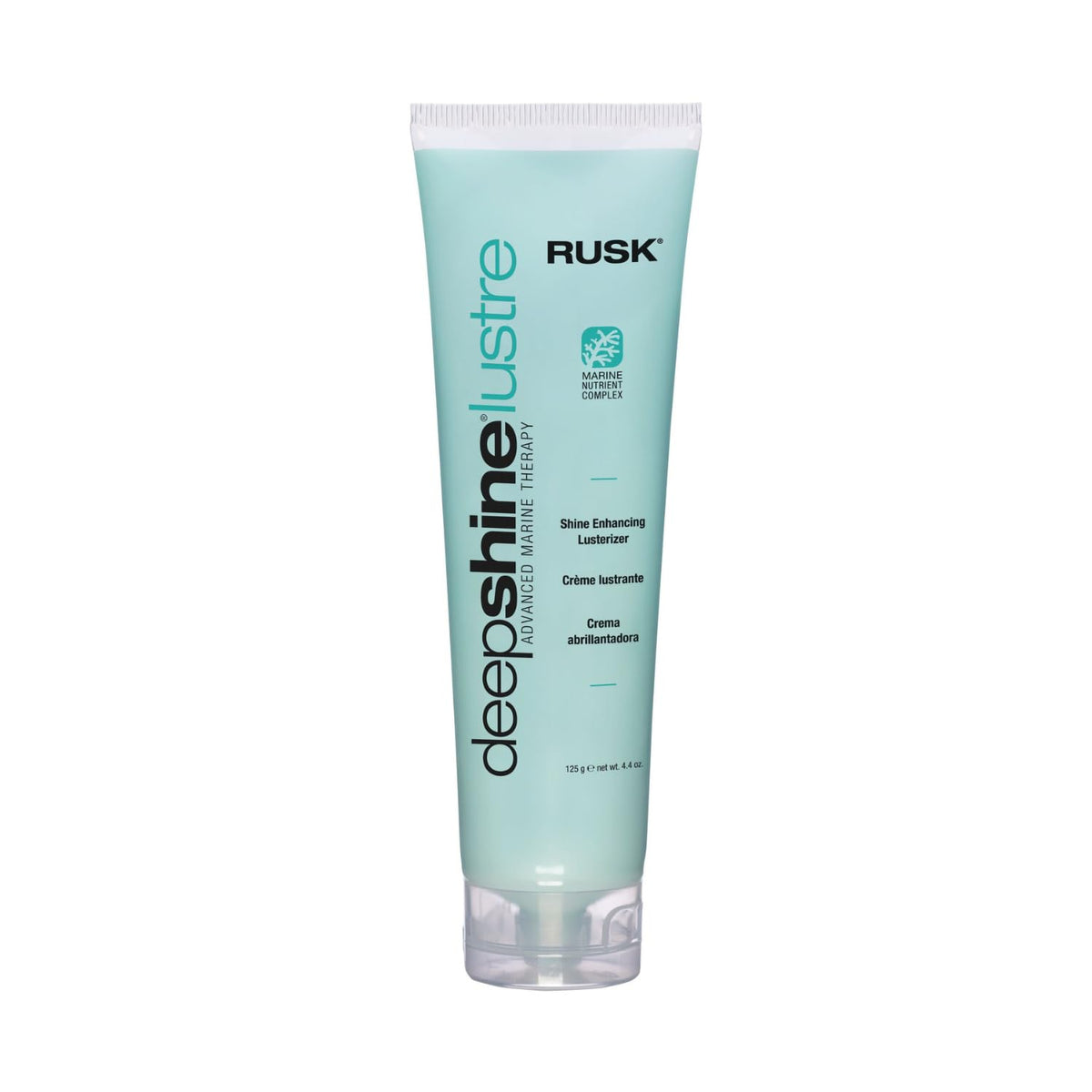 RUSK front packaging showing 4.4 oz cream and glossy hair benefits