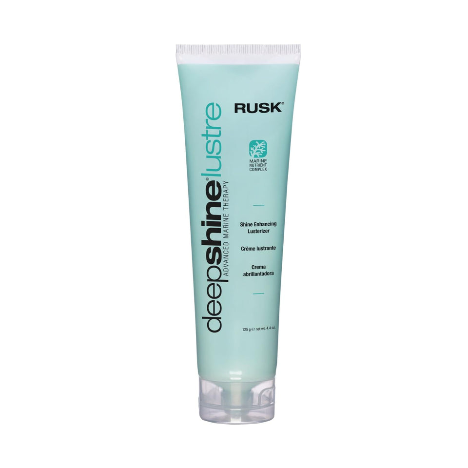 RUSK front packaging showing 4.4 oz cream and glossy hair benefits