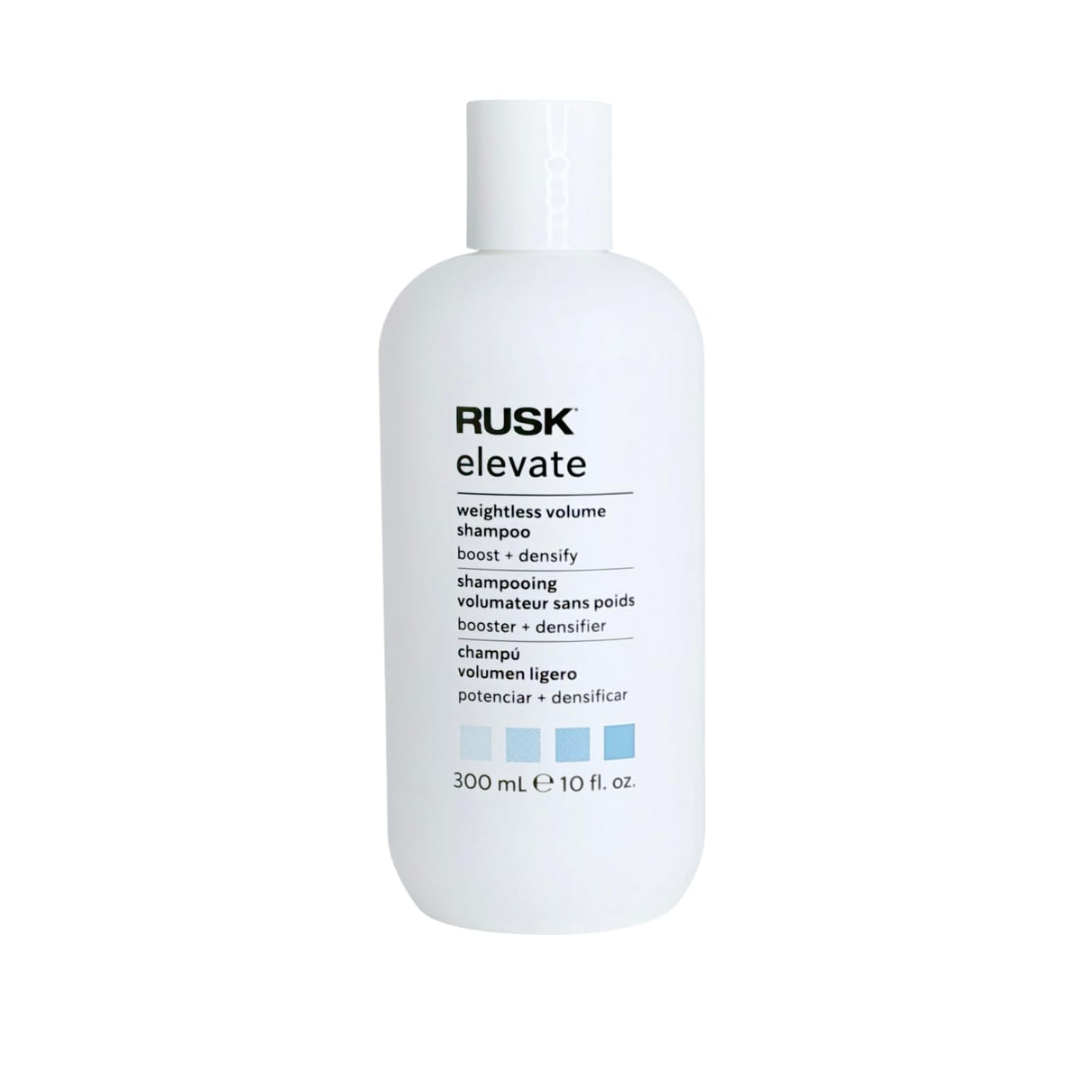 RUSK bottle front packaging showing volume shampoo and clean design benefit