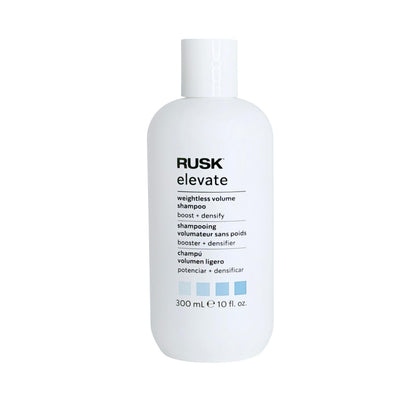 RUSK bottle front packaging showing volume shampoo and clean design benefit
