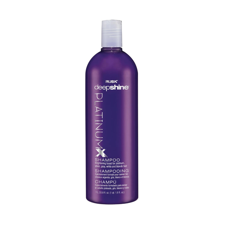 RUSK PlatinumX front bottle highlighting glossy finish and instant shine