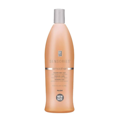 RUSK bottle front packaging showing brand and smooth hair benefit