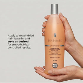 RUSK product applied to wet hair for detangling and frizz control while styling