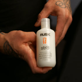 RUSK Str8 lotion texture close-up demonstrating lightweight, greaseless formula