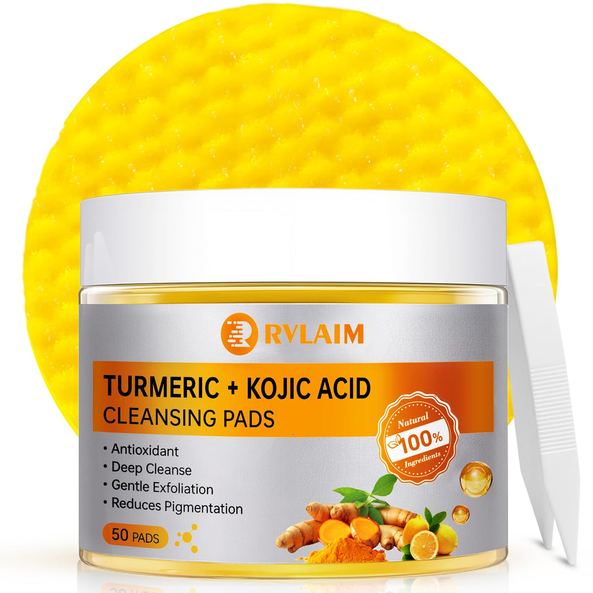 Rvlaim front packaging showing 50 turmeric kojic acid cleansing pads and convenience