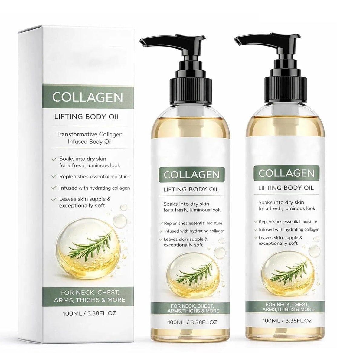 RVTWOD front packaging showing dual collagen oil bottles and benefits