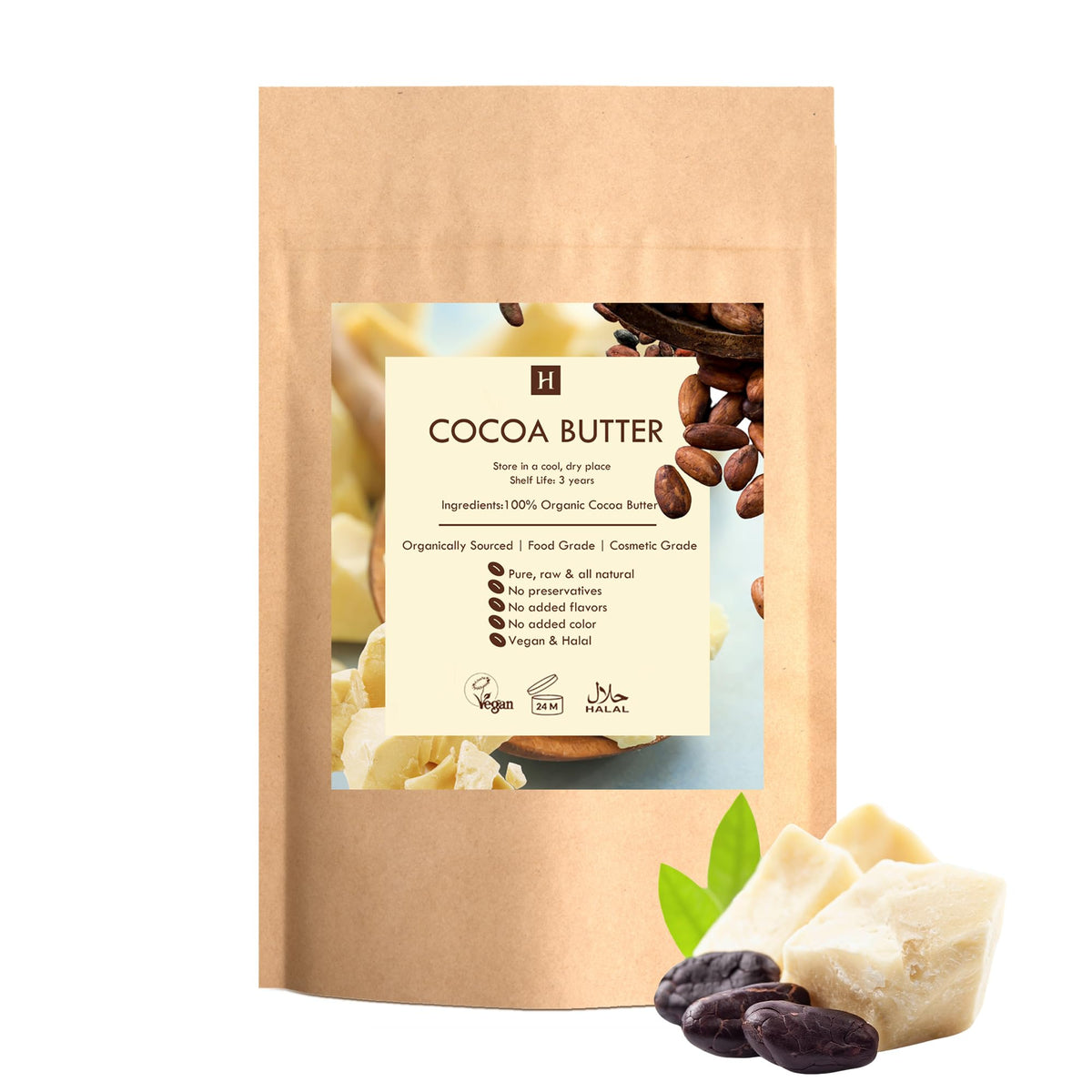 SAAQIN cocoa butter front packaging shows clean resealable bag, natural base