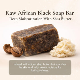 SAAQIN close-up raw texture of black soap highlighting grain and gentle exfoliation